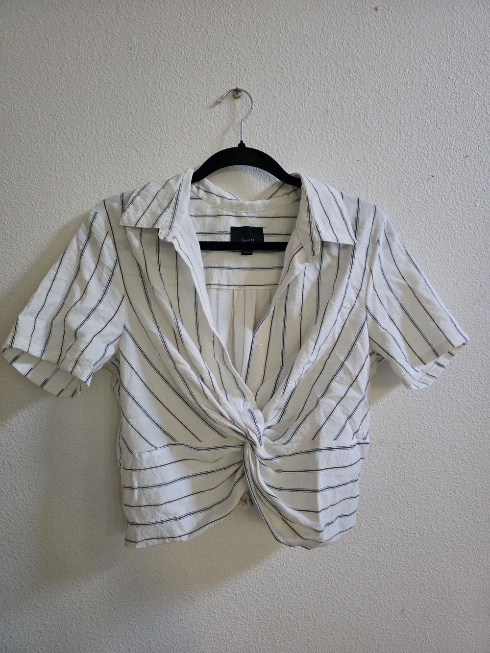 Lumiere White Button-Down Twist Front Stripe Top